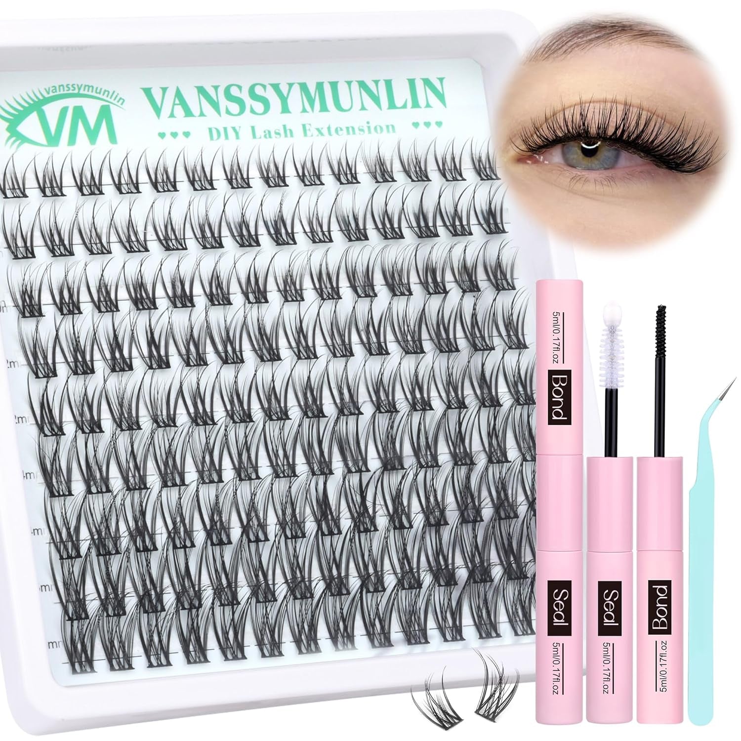 Wispy Lash Clusters Kit Natural Lash Extension Kit 8-16Mm Cluster Eyelash Extensions Kit Individual Lashes C Curl Eyelash Clusters Lashes Kit with Lash Bond and Seal, Lash Tweezers for Self Use