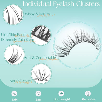 Wispy Lash Clusters Kit Natural Lash Extension Kit 8-16Mm Cluster Eyelash Extensions Kit Individual Lashes C Curl Eyelash Clusters Lashes Kit with Lash Bond and Seal, Lash Tweezers for Self Use